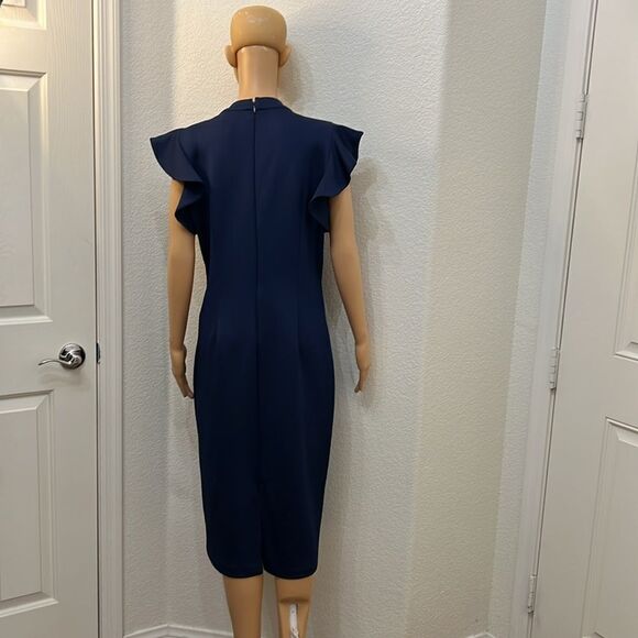 New York & Company Dress Large V Neck Flutter Sleeve Midi Navy Blue Zipper Back - Picture 7 of 12